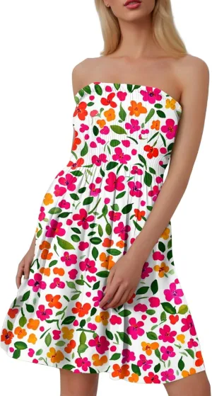 Women's Summer Dresses Strapless Boho Floral Mini Dress Casual Beach Cover Ups Tube Tops Sundress
