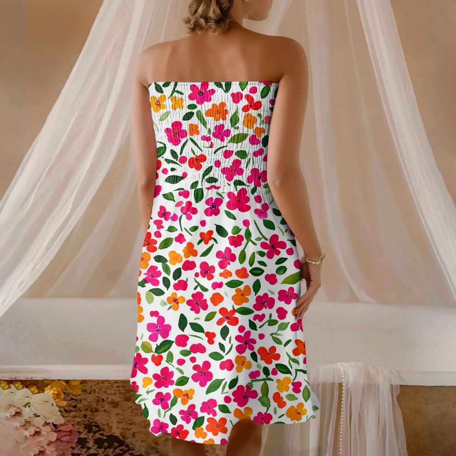 Women's Summer Dresses Strapless Boho Floral Mini Dress Casual Beach Cover Ups Tube Tops Sundress