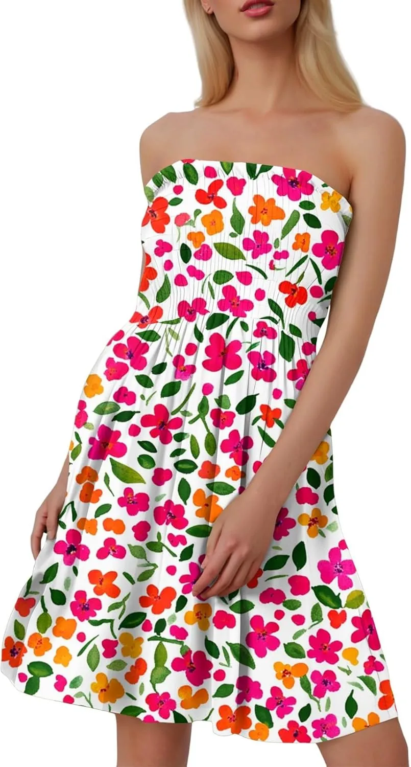 Women's Summer Dresses Strapless Boho Floral Mini Dress Casual Beach Cover Ups Tube Tops Sundress