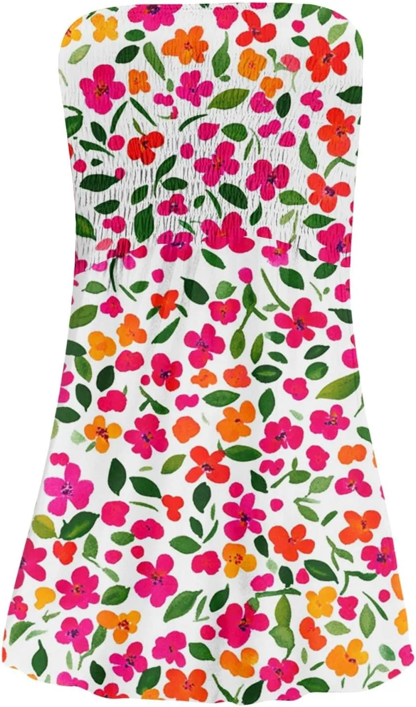 Women's Summer Dresses Strapless Boho Floral Mini Dress Casual Beach Cover Ups Tube Tops Sundress