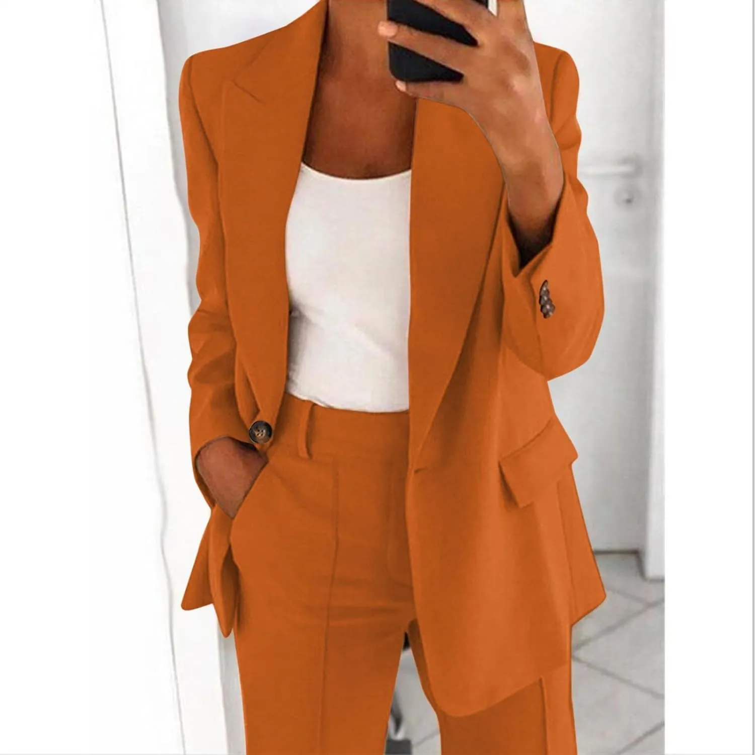 Women's Two Piece Lapels Suit Set Office Business Long Sleeve Button Formal Blazers   Pant Suit Slim Loose Jacket Suit