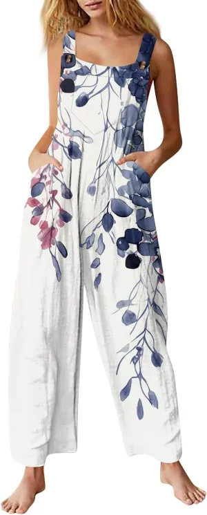 ZEFOTIM Jumpsuits for Women Sexy Floral Romper Square Neck Wide Leg Jumper Casual Wide Straps Overall with Pockets