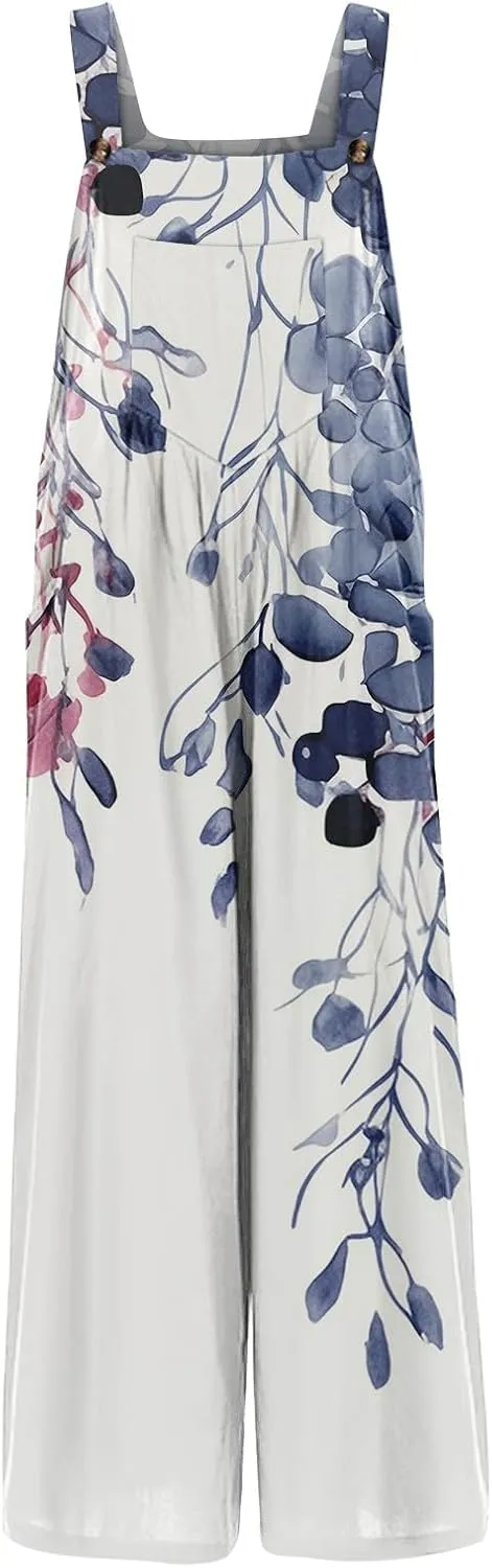 ZEFOTIM Jumpsuits for Women Sexy Floral Romper Square Neck Wide Leg Jumper Casual Wide Straps Overall with Pockets