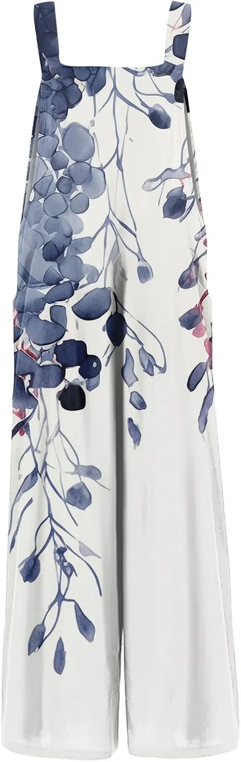 ZEFOTIM Jumpsuits for Women Sexy Floral Romper Square Neck Wide Leg Jumper Casual Wide Straps Overall with Pockets