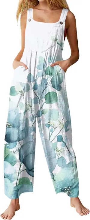 ZEFOTIM Wide Leg Jumpsuits for Women Floral Rompers Square Neck Wide Leg Jumpers Comfy Wide Straps Overall with Pockets