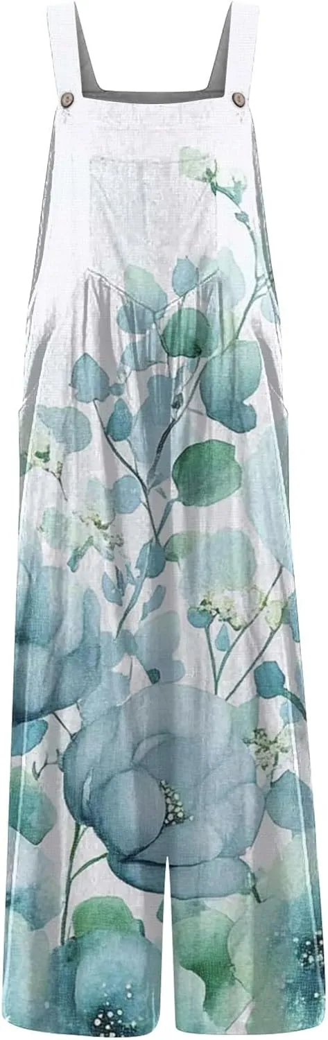 ZEFOTIM Wide Leg Jumpsuits for Women Floral Rompers Square Neck Wide Leg Jumpers Comfy Wide Straps Overall with Pockets