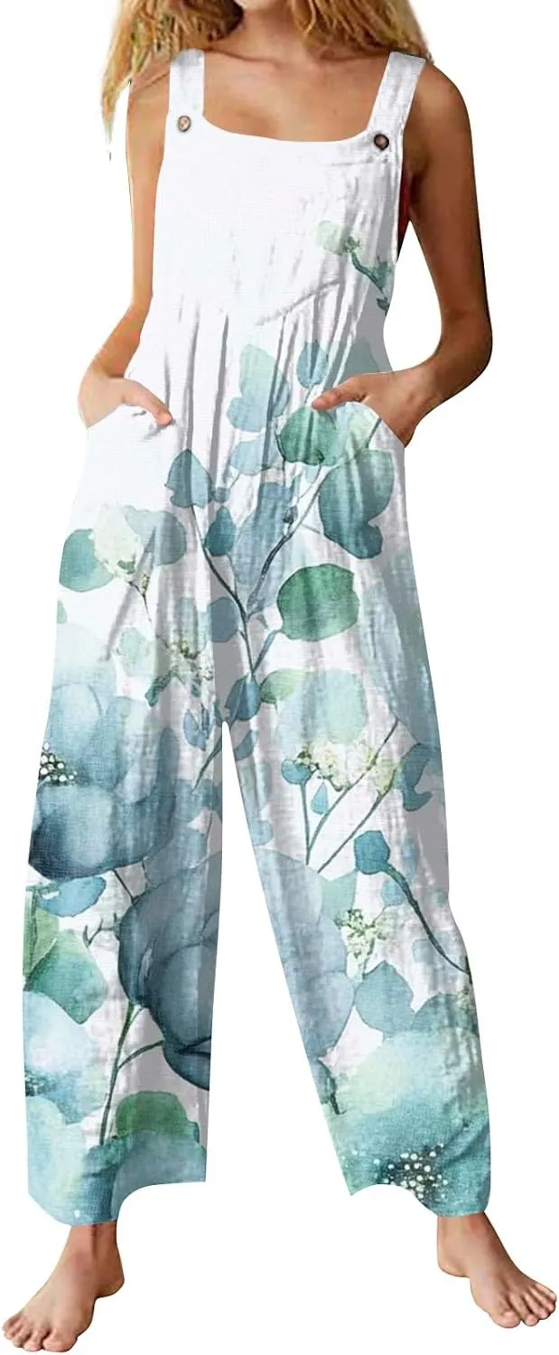 ZEFOTIM Wide Leg Jumpsuits for Women Floral Rompers Square Neck Wide Leg Jumpers Comfy Wide Straps Overall with Pockets