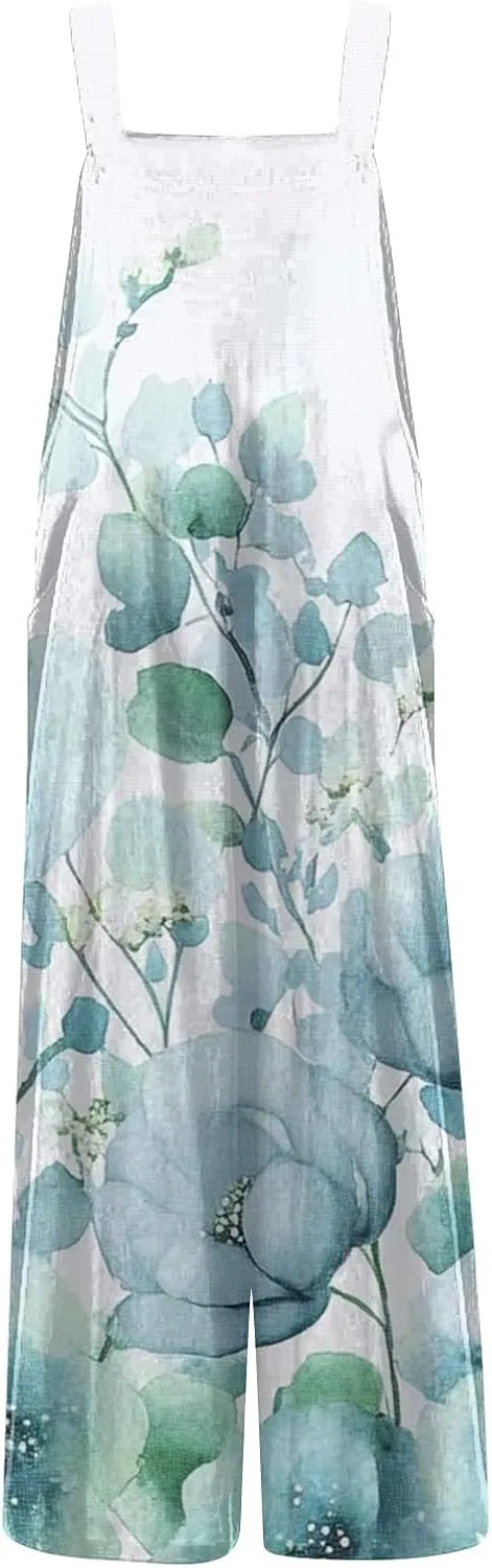 ZEFOTIM Wide Leg Jumpsuits for Women Floral Rompers Square Neck Wide Leg Jumpers Comfy Wide Straps Overall with Pockets